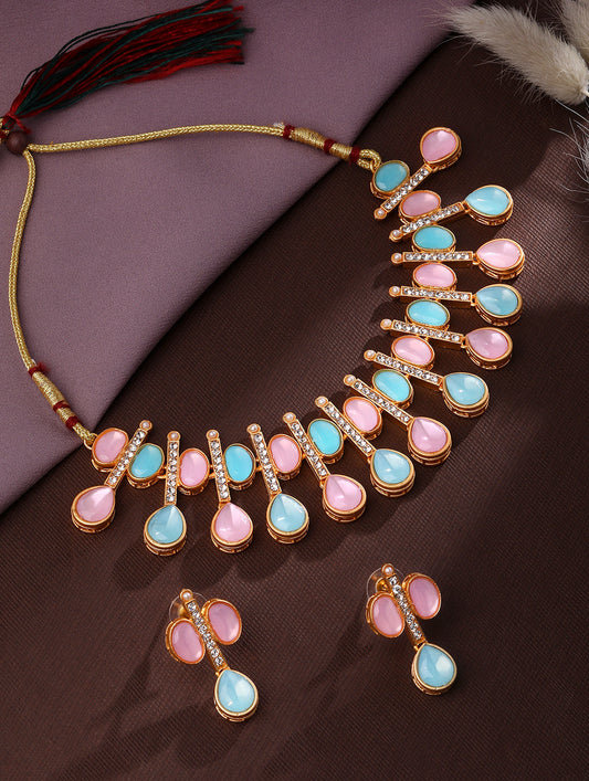 Rajwadi Style Baby Pink And Blue Stone Studded Set