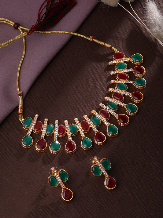 Rajwadi Style Matte Gold Plated Marron And Green Stone Studded Jewellery Set