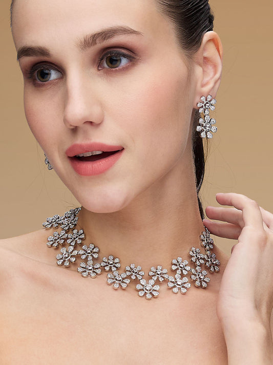 Rhodium-Plated Cubic Zirconia Studded Floral Jewellery Set