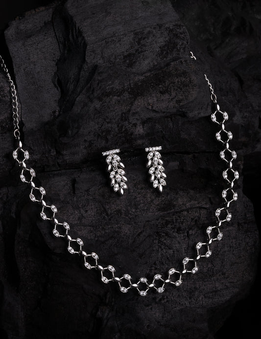 Rhodium-Plated Cubic Zirconia-Studded Floral Choker Jewellery Set