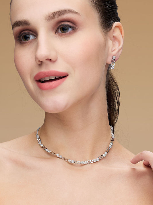 Rhodium-Plated Cubic Zirconia-Studded Delicate Choker Jewellery Set