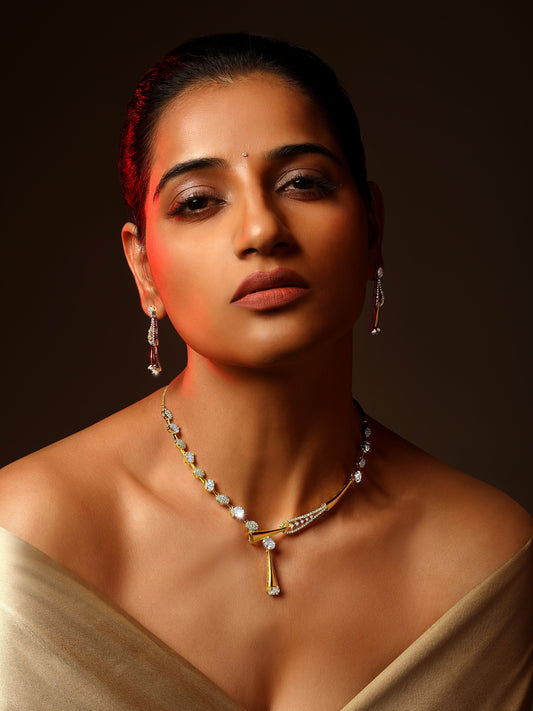 Gold-Plated Cz American Diamond Necklace Set With Drop Earring