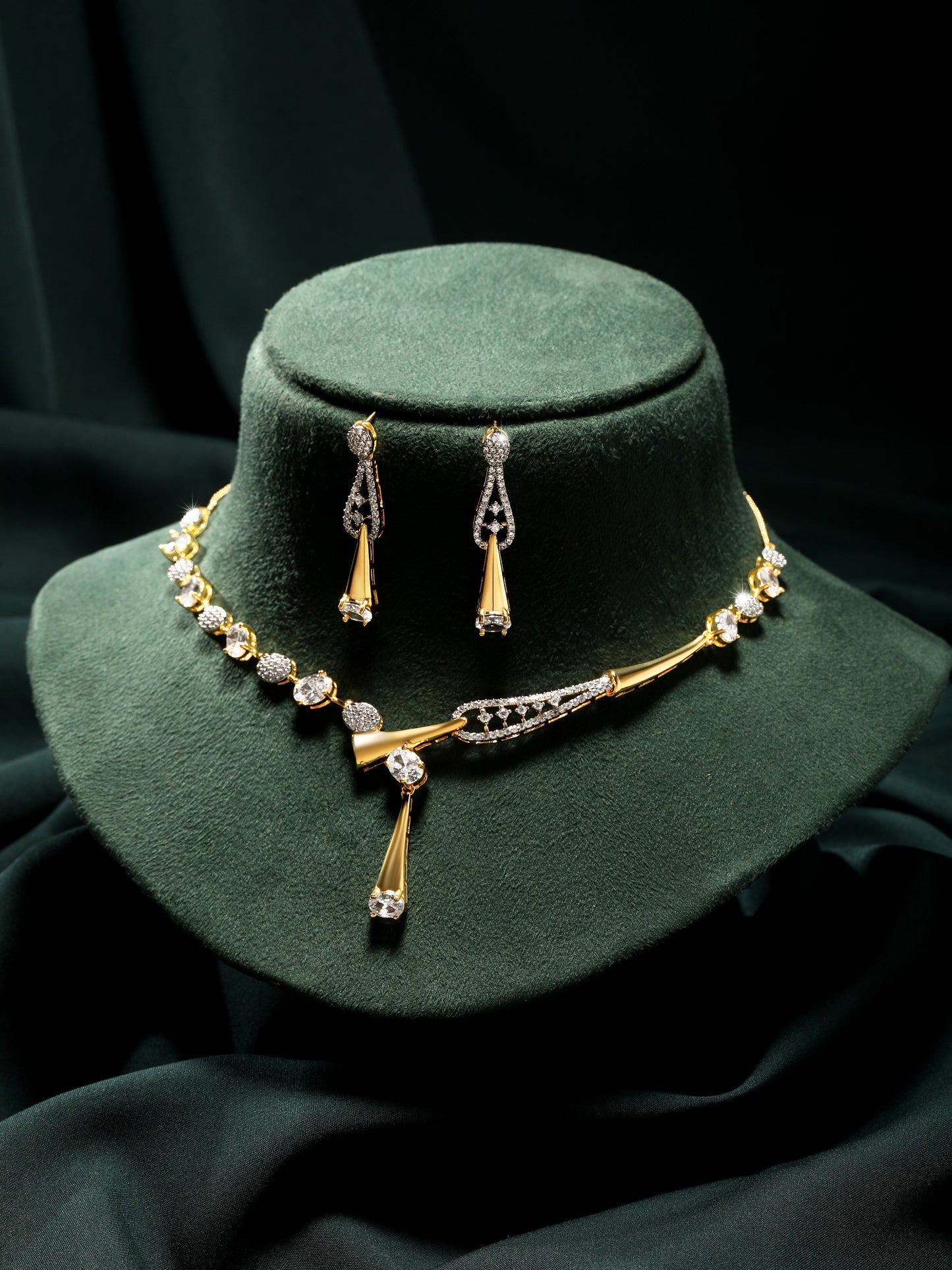 Gold-Plated Cz American Diamond Necklace Set With Drop Earring