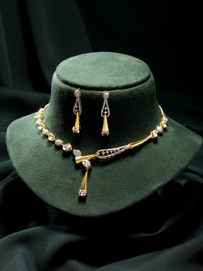 Gold-Plated Cz American Diamond Necklace Set With Drop Earring
