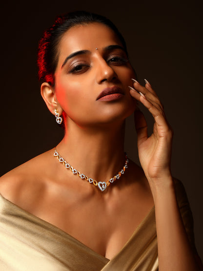 Gold-Plated Cz American Diamond Necklace Set With Drop Earring