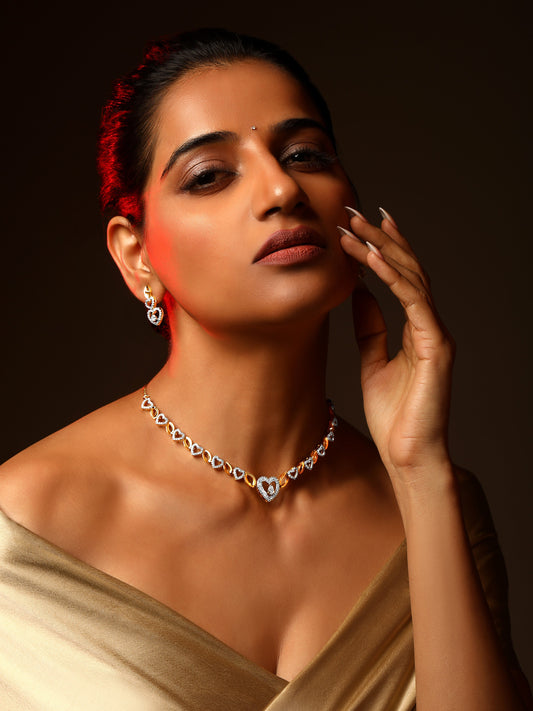 Gold-Plated Cz American Diamond Necklace Set With Drop Earring