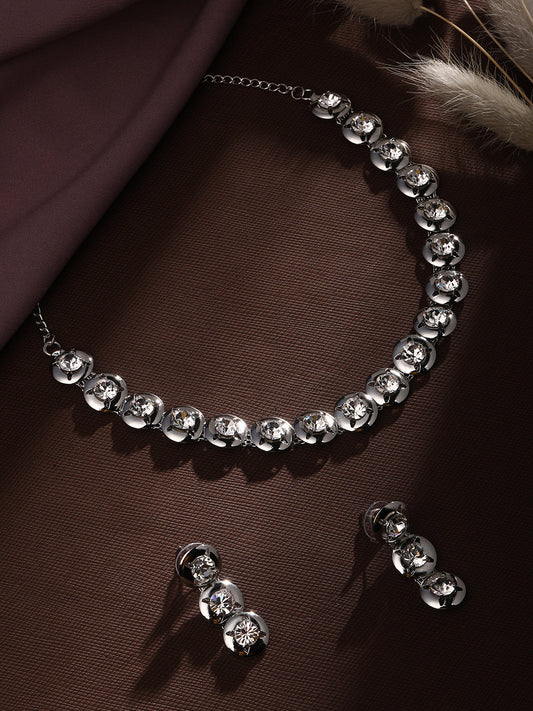 Rhodium-Plated American Diamond Necklace Set with Matching Studded Earrings – Elegant Occasion Wear by Asmitta

