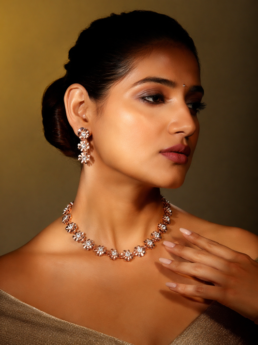 Rose Gold-Plated American Diamond Studded Necklace and Earrings