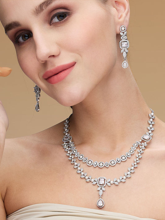 Rhodium-Plated Cubic Zirconia-Studded Double Layered Jewellery Set