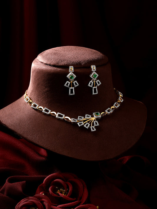 Two Tone CZ Studded Emerald Choker Jewellery Set