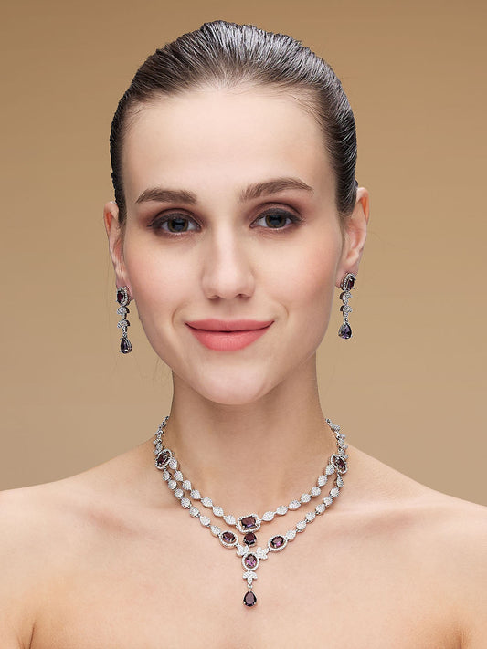 Rhodium-Plated Cubic Zirconia-Studded Double Layered Jewellery Set