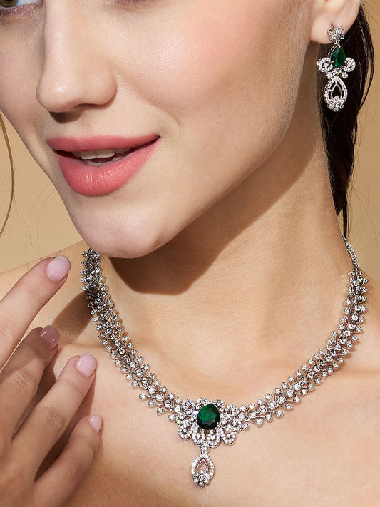 Rhodium-Plated Cubic Zirconia-Studded Floral Jewellery Set