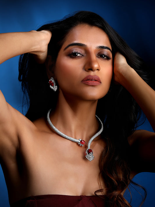 Rhodium Plated Ruby Red CZ Stone Studded Jewellery Set