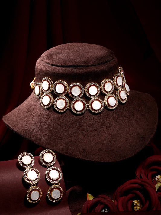 Meenakari Gold Plated Austrian Stone Studded & Mother of Pearl Beaded Bridal Maroon Jewellery Set