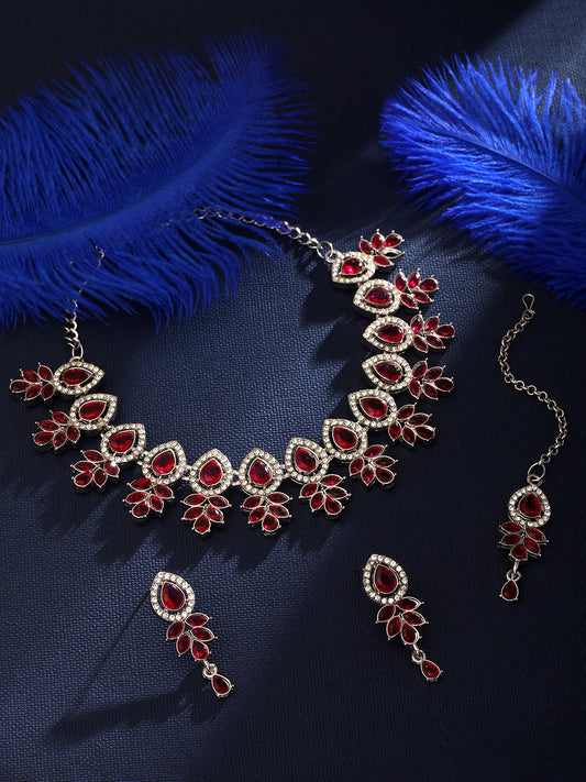 Rhodium Plated Austrian Pink Stone Choker Set