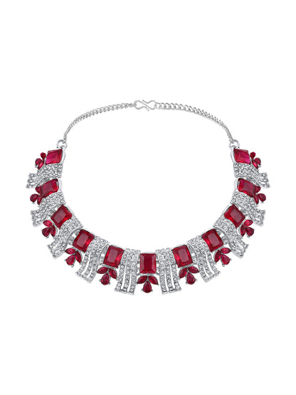 Rhodium Plated Ruby Red And White Stone Studded Choker Jewellery Set
