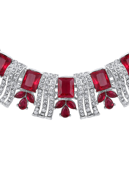 Rhodium Plated Ruby Red And White Stone Studded Choker Jewellery Set