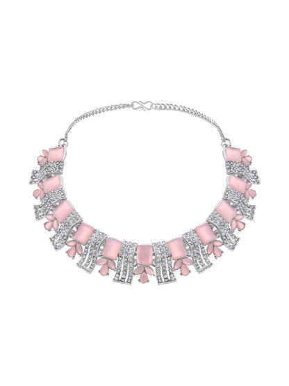 Rhodium Plated Baby Pink And White Stone Studded Choker Jewellery Set