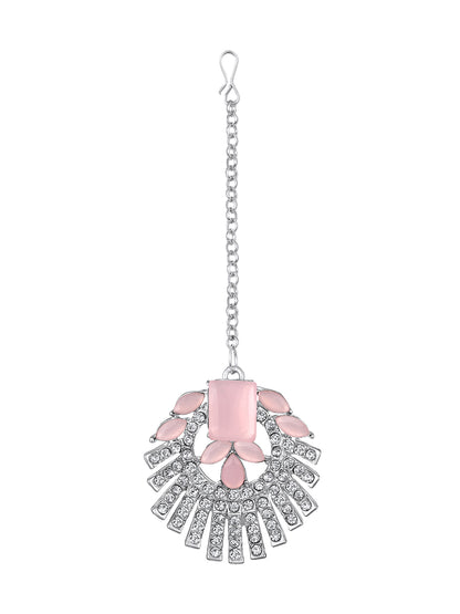 Rhodium Plated Baby Pink And White Stone Studded Choker Jewellery Set