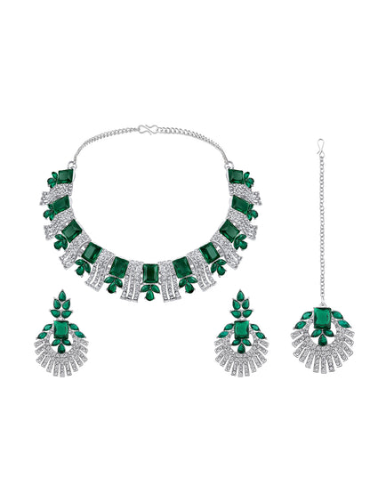 Rhodium Plated Emerald And White Stone Studded Choker Jewellery Set