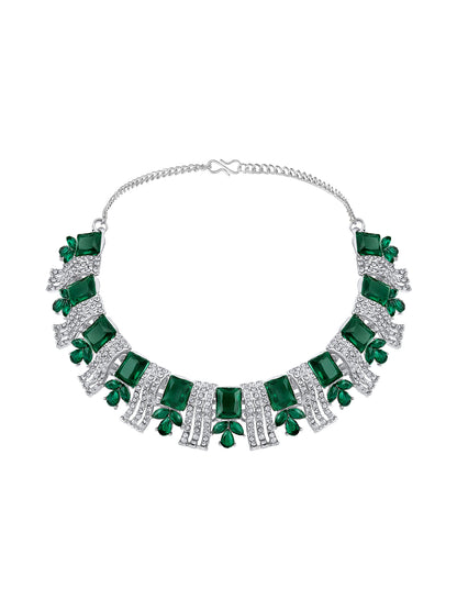 Rhodium Plated Emerald And White Stone Studded Choker Jewellery Set