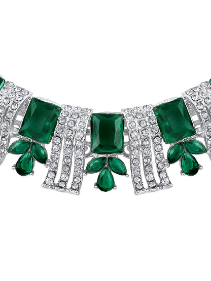 Rhodium Plated Emerald And White Stone Studded Choker Jewellery Set