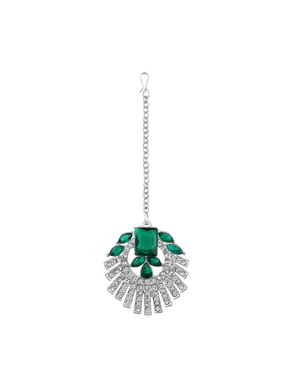 Rhodium Plated Emerald And White Stone Studded Choker Jewellery Set