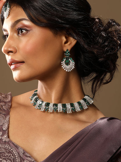 Rhodium Plated Emerald And White Stone Studded Choker Jewellery Set