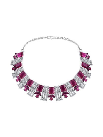 Rhodium Plated Wine And White Stone Studded Choker Jewellery Set