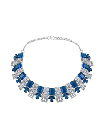 Rhodium Plated Royal Blue And White Stone Studded Choker Jewellery Set
