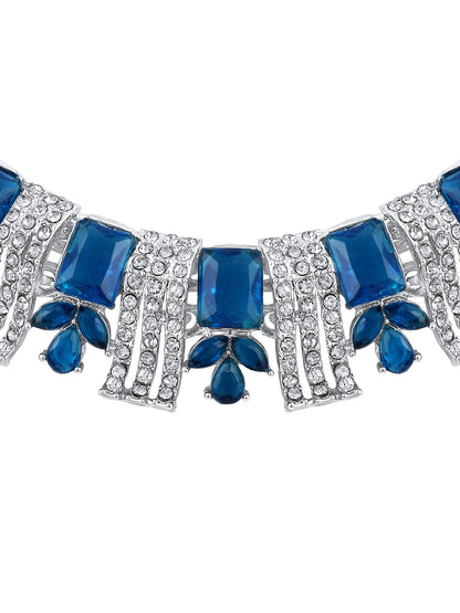 Rhodium Plated Royal Blue And White Stone Studded Choker Jewellery Set