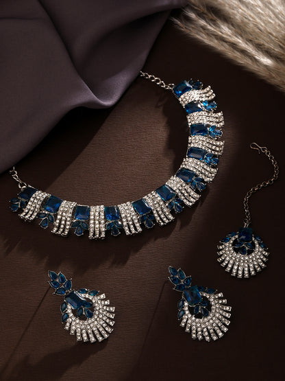 Rhodium Plated Royal Blue And White Stone Studded Choker Jewellery Set