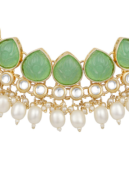 Light Green Gold Plated Beaded & Artificial Stone Studded Choker Jewellery Set
