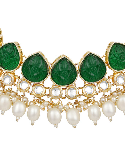 Green Gold Plated Beaded & Artificial Stone Studded Choker Jewellery Set