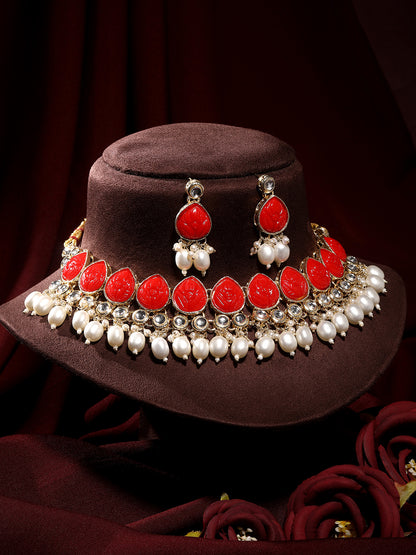 Ruby Red Gold Plated Beaded & Artificial Stone Studded Choker Jewellery Set