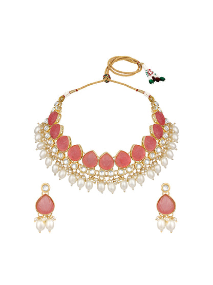 Baby Pink Gold Plated Beaded & Artificial Stone Studded Choker Jewellery Set