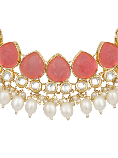 Baby Pink Gold Plated Beaded & Artificial Stone Studded Choker Jewellery Set
