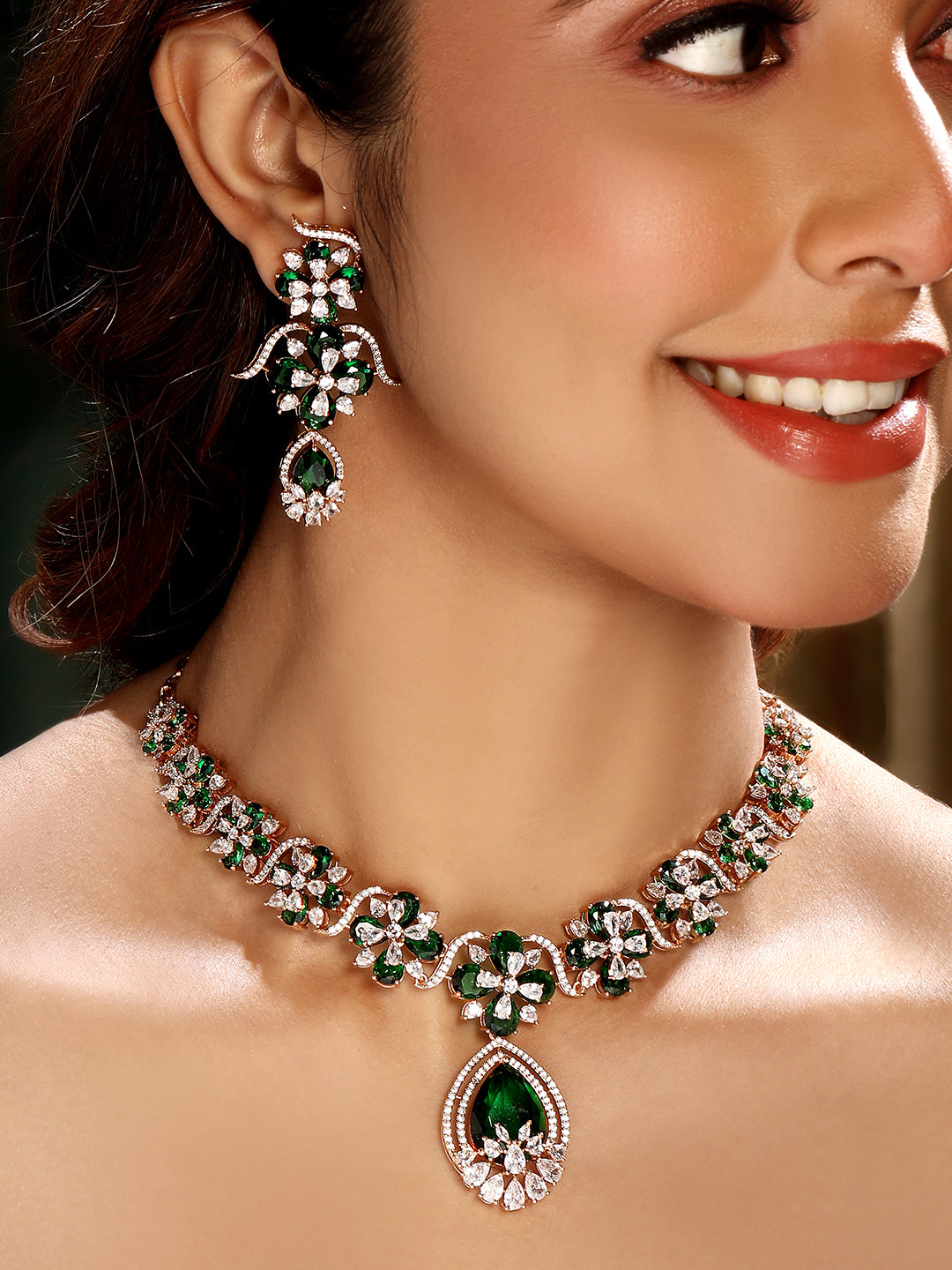 Carat Plating Cz American Diamond Necklace Set  With Dangle Earring
