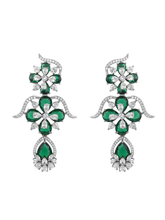 Luxurious Silver-Plated Emerald Green Floral Choker Necklace Set with Drop Earrings