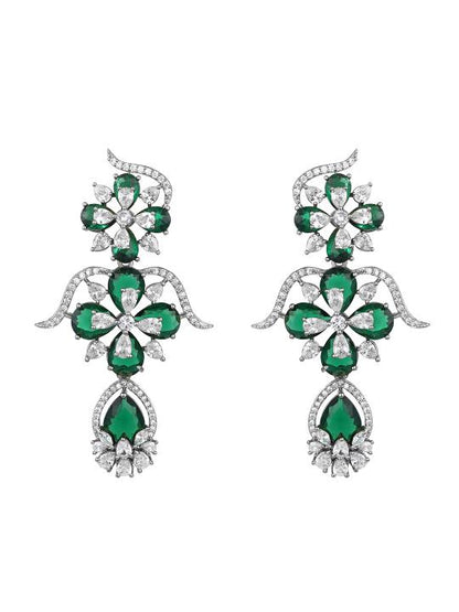 Luxurious Silver-Plated Emerald Green Floral Choker Necklace Set with Drop Earrings