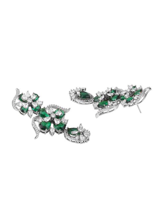 Luxurious Silver-Plated Emerald Green Floral Choker Necklace Set with Drop Earrings