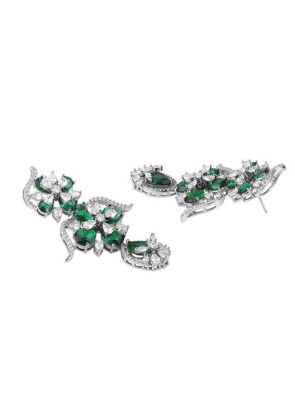 Luxurious Silver-Plated Emerald Green Floral Choker Necklace Set with Drop Earrings
