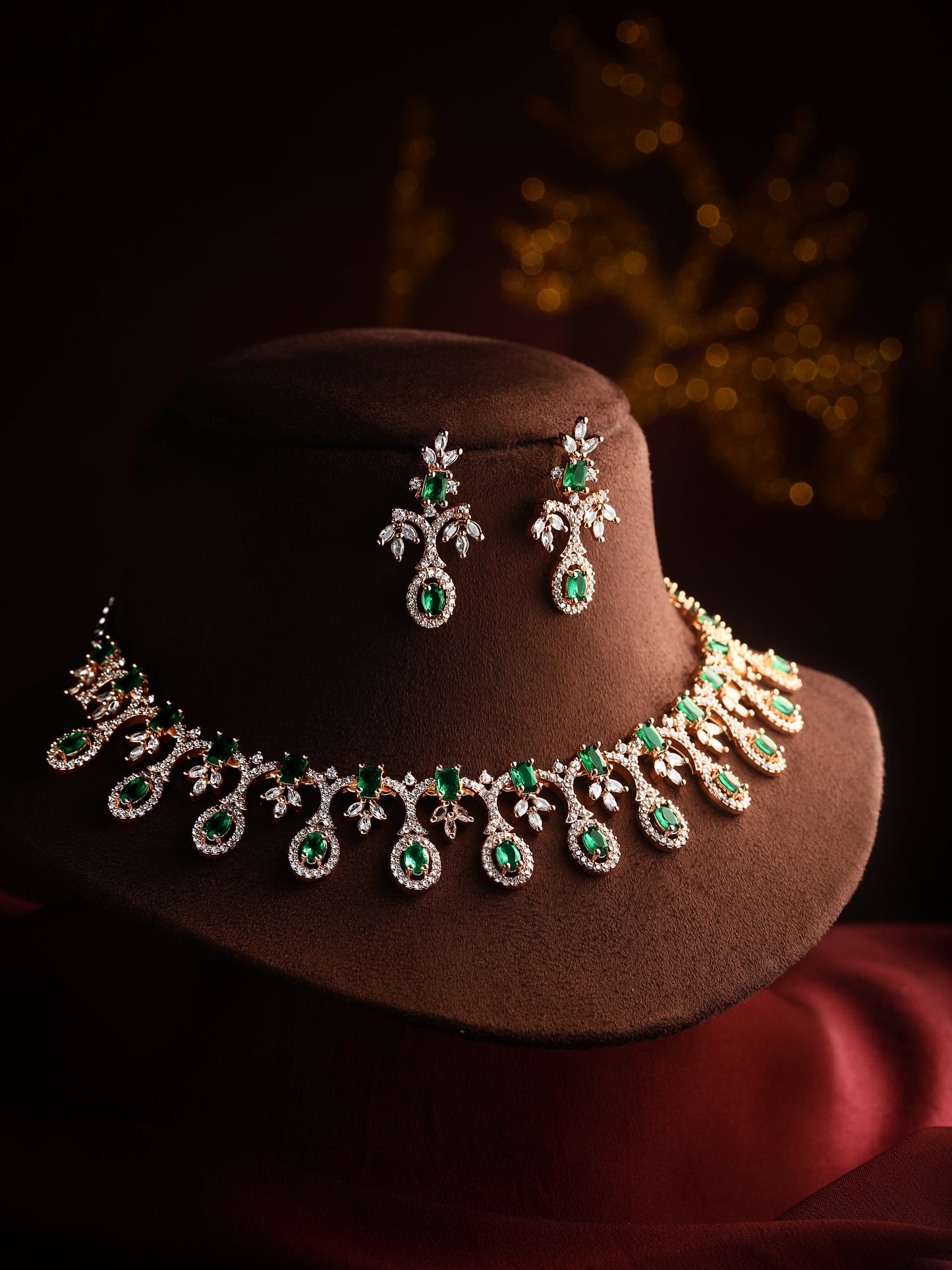 Rhodium  Mehandi Plating Cz American Diamond Necklace Set  With Dangle Earring