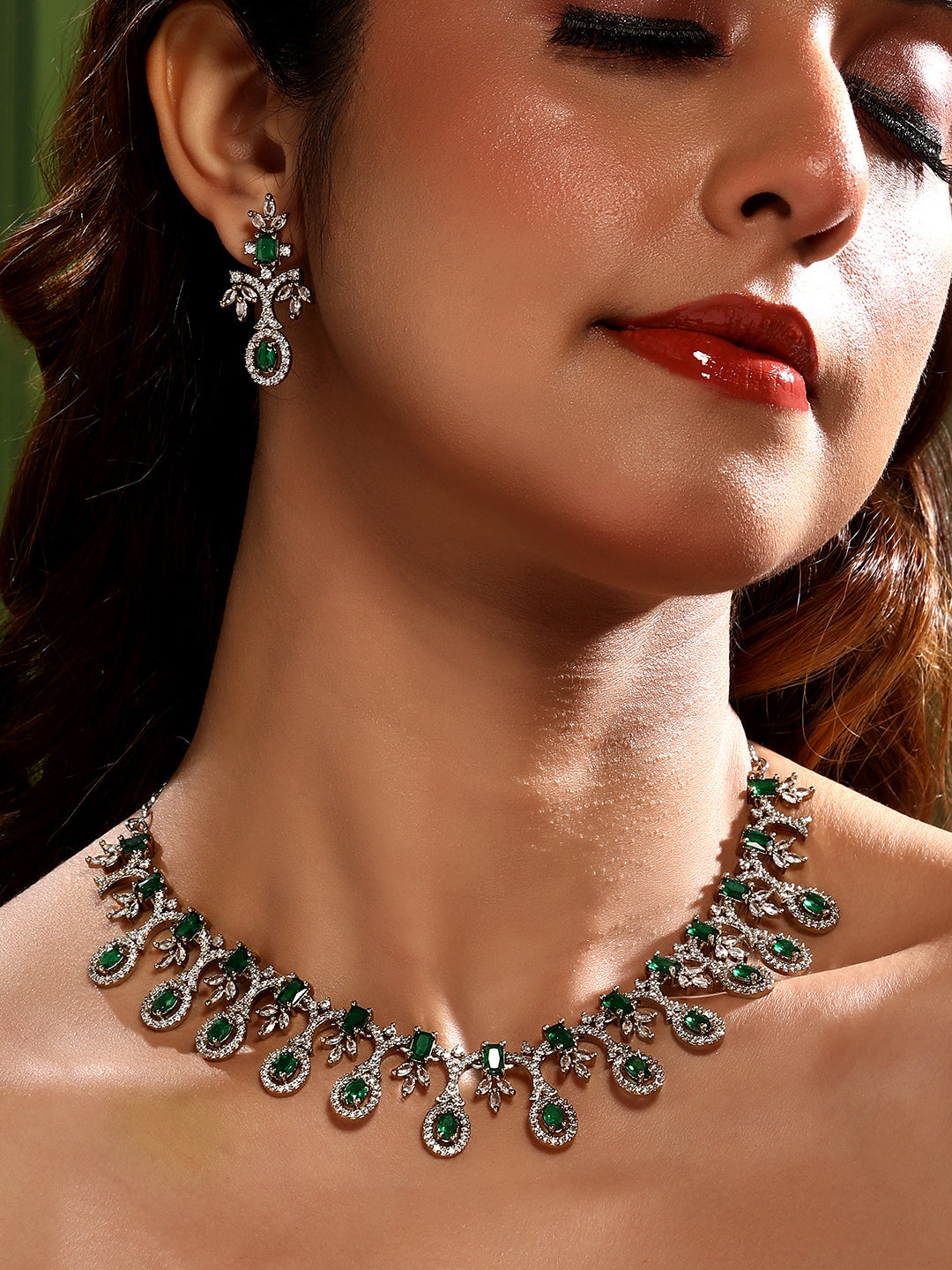 Rhodium  Mehandi Plating Cz American Diamond Necklace Set  With Dangle Earring