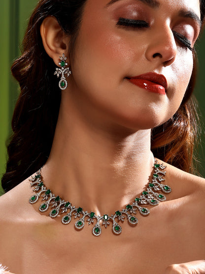 Rhodium  Mehandi Plating Cz American Diamond Necklace Set  With Dangle Earring