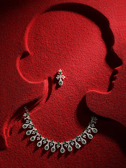 Rhodium  Plating Cz American Diamond Necklace Set  With Dangle Earring