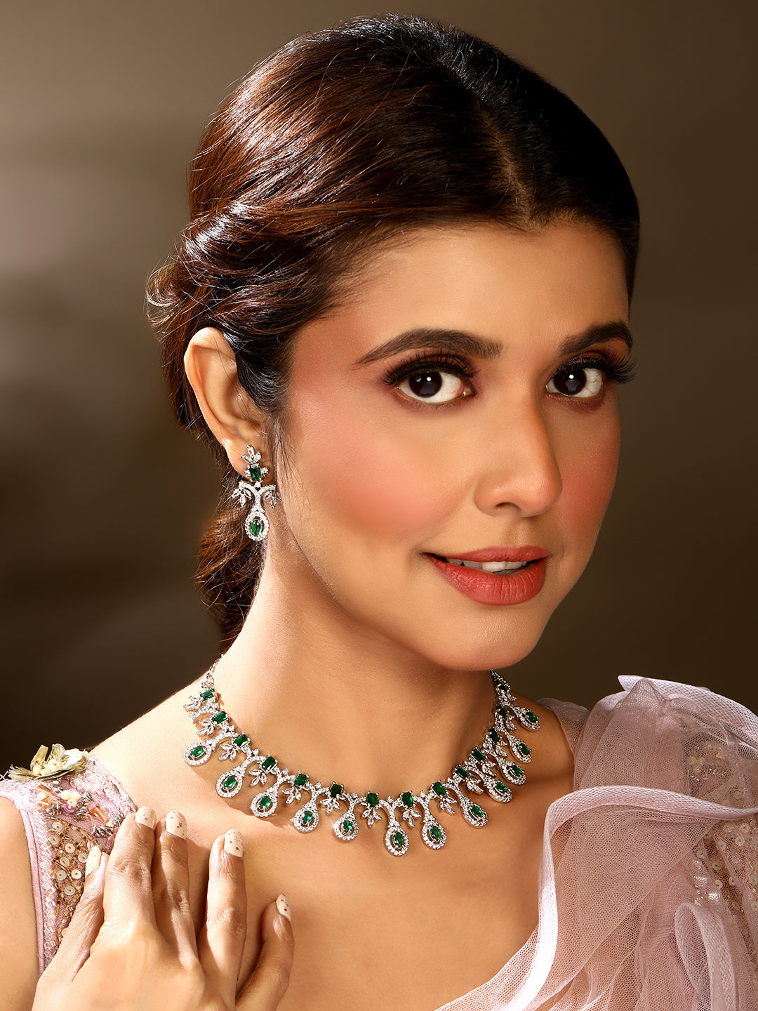 Rhodium  Plating Cz American Diamond Necklace Set  With Dangle Earring