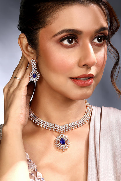 Blue and White CZ American Diamond Caret Plating Dangle Earring