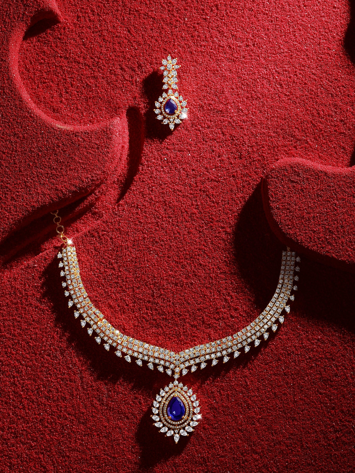 Gold Plating Cz American Diamond Necklace Set  With Dangle Earring