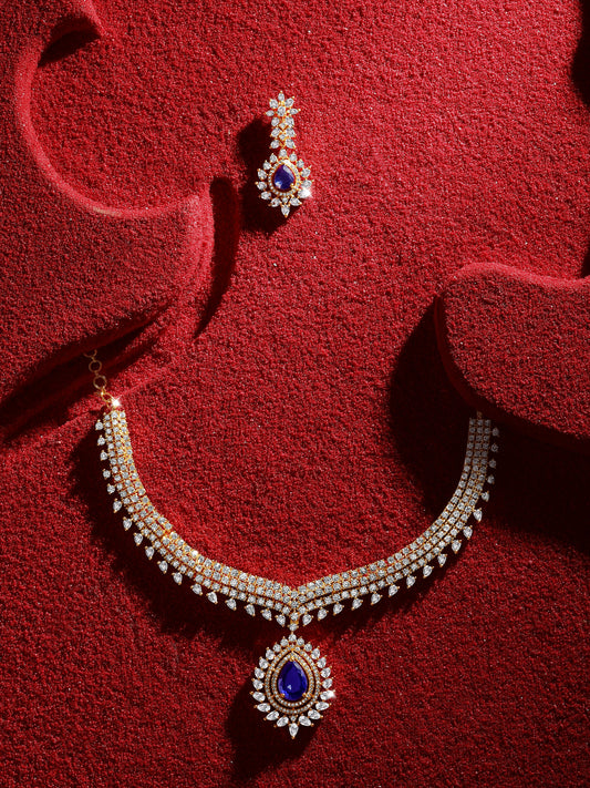 Gold Plating Cz American Diamond Necklace Set  With Dangle Earring